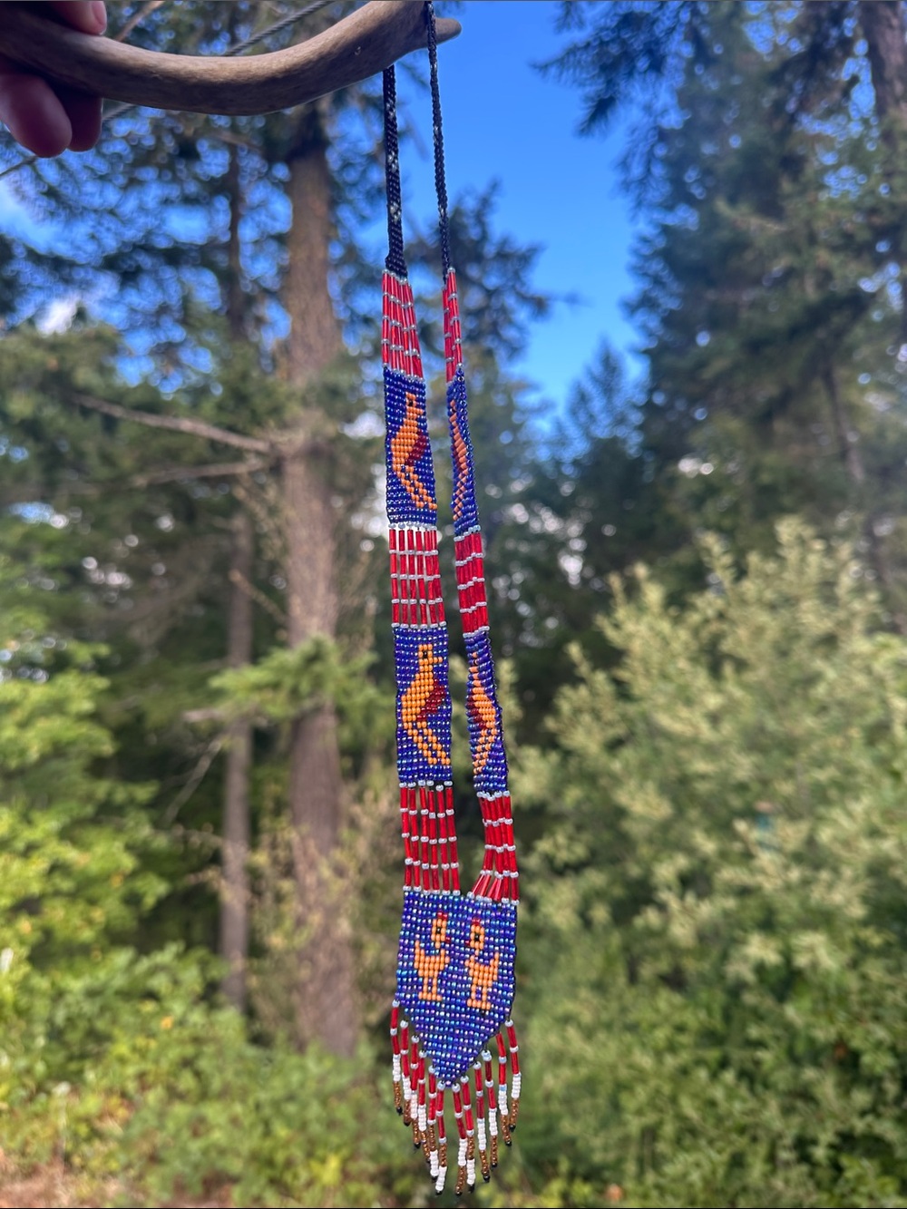 Handmade Beaded Necklace - Blue, Red & Orange Tribal Design